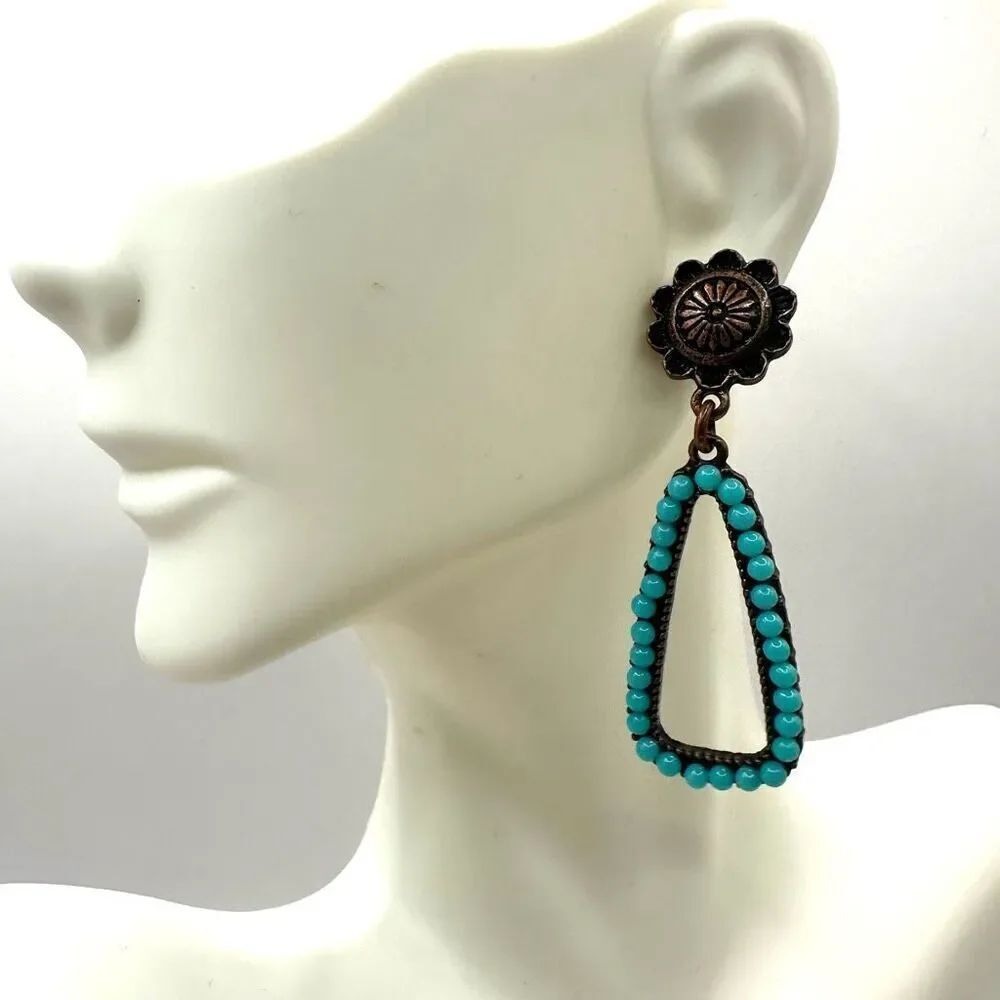 Blue beaded and copper tone drop post earrings